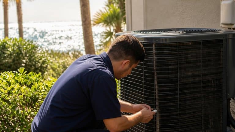 Corroded outdoor AC unit coil near the Gulf coast in Pinellas County, Florida