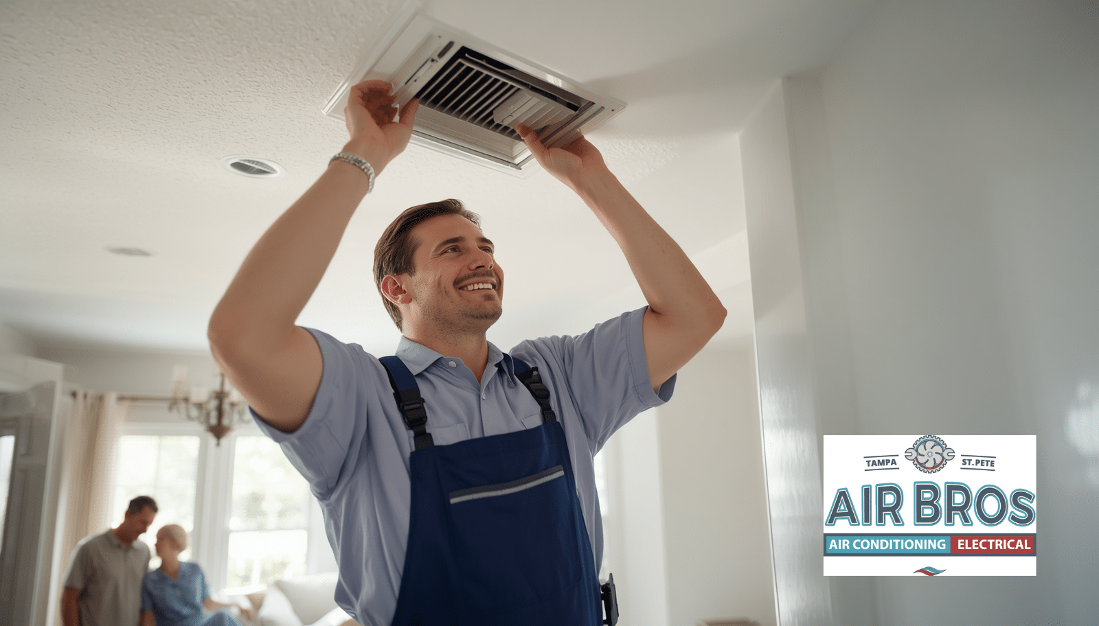 Smiling Air Bros technician inspecting a ceiling air vent inside a St. Petersburg, FL home