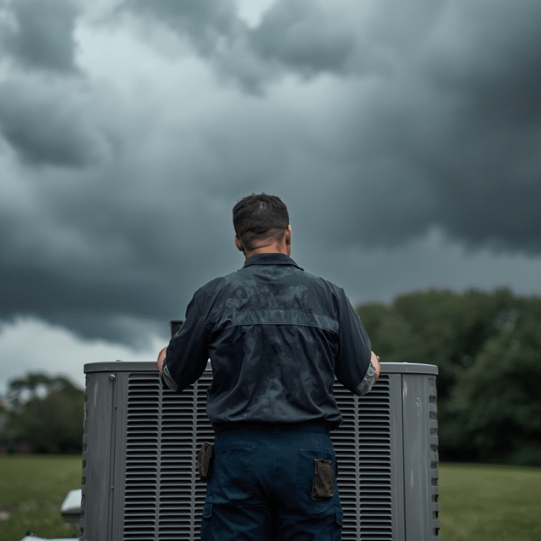 Technician securing outdoor AC unit before storm in Tampa Bay, FL