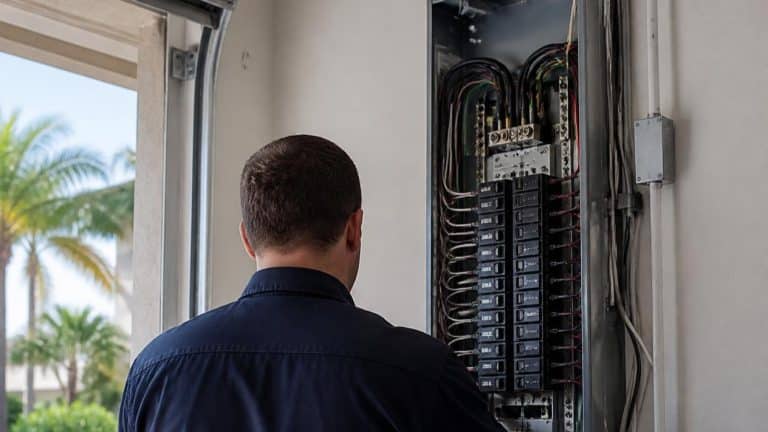 Electrician inspecting an unpermitted home electrical panel upgrade in Pinellas County